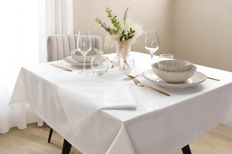 Elegant restaurant table with pristine white tablecloth